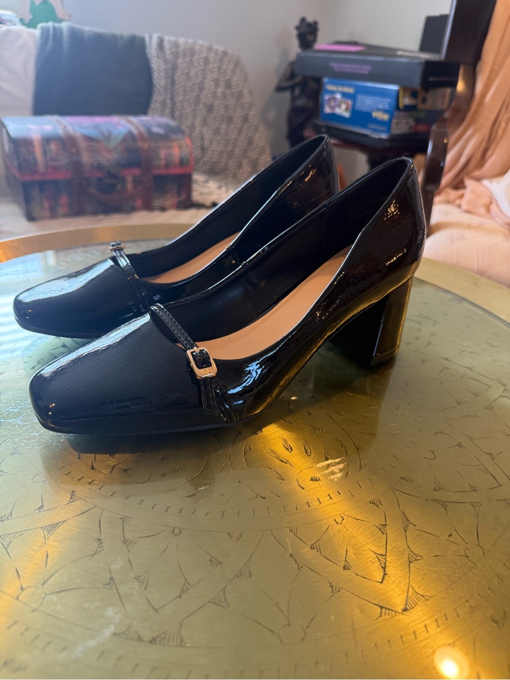 Black Patent Slip-On Flats with Buckle Trim Office wear